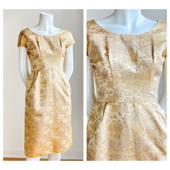 Vintage 50s 60s Gold Brocade Floral Short Sleeve Dress S - Picture 1 of 8